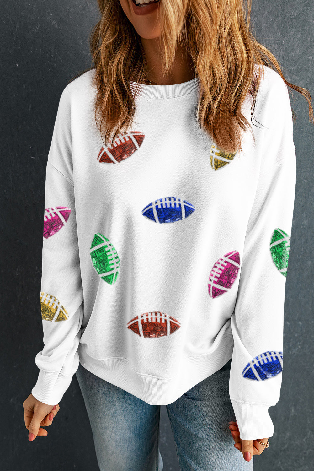 Beige Sequin Rugby Graphic Drop Sleeve Sweatshirt