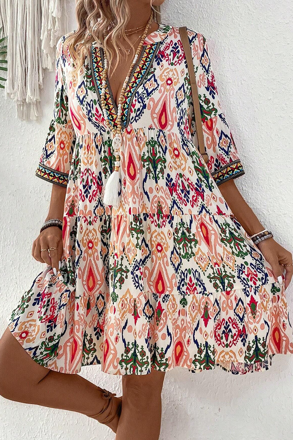 Multicolour Abstract Print Bell Sleeve Tiered Mini Dress