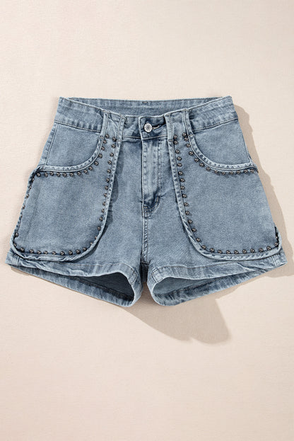 Dusk Blue Studded Acid Wash Denim Shorts