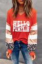 Red Hello Pumpkin Graphic Leopard Striped Colorblock Sleeve Sweatshirt