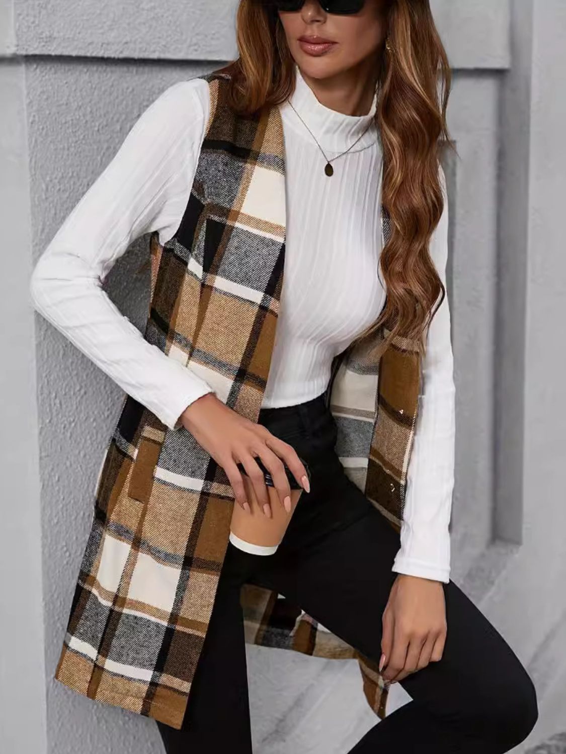 Plaid V-Neck Vest Coat