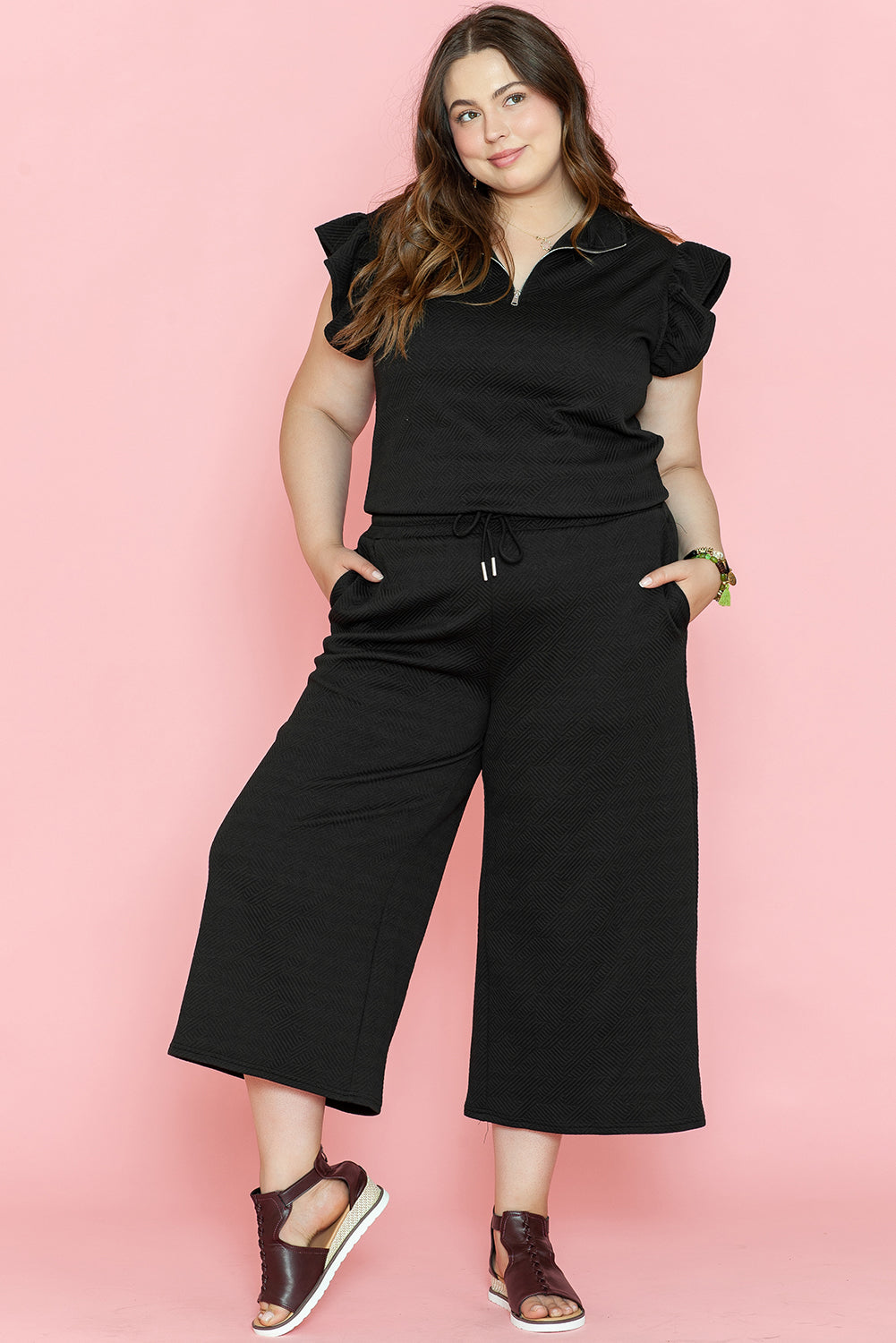 Black Plus Ruffled Sleeve Quarter Zip Top & Wide Leg Pants Set