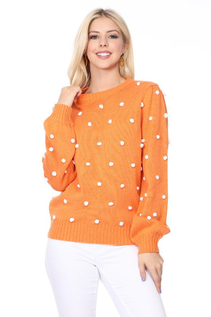 Pom Pom Crochet Polka Dot Round Neck Sweater Top