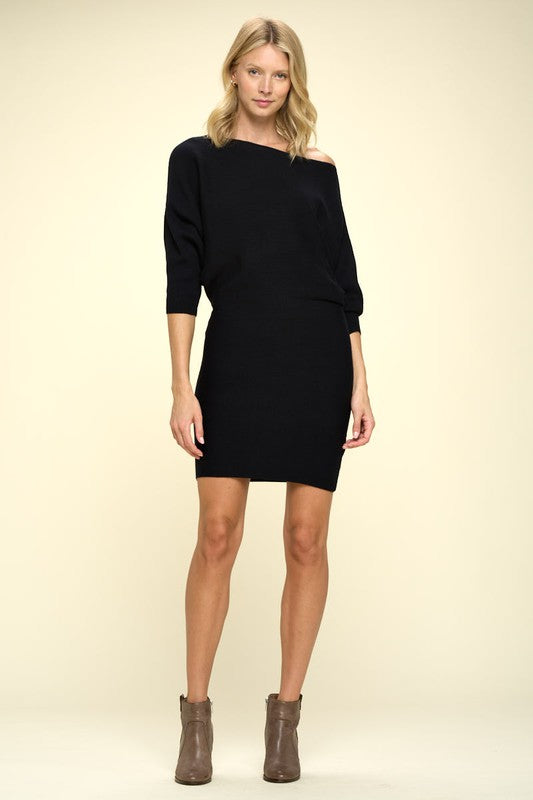 Ribbed Sweater Knit Dolman Sleeve Dress