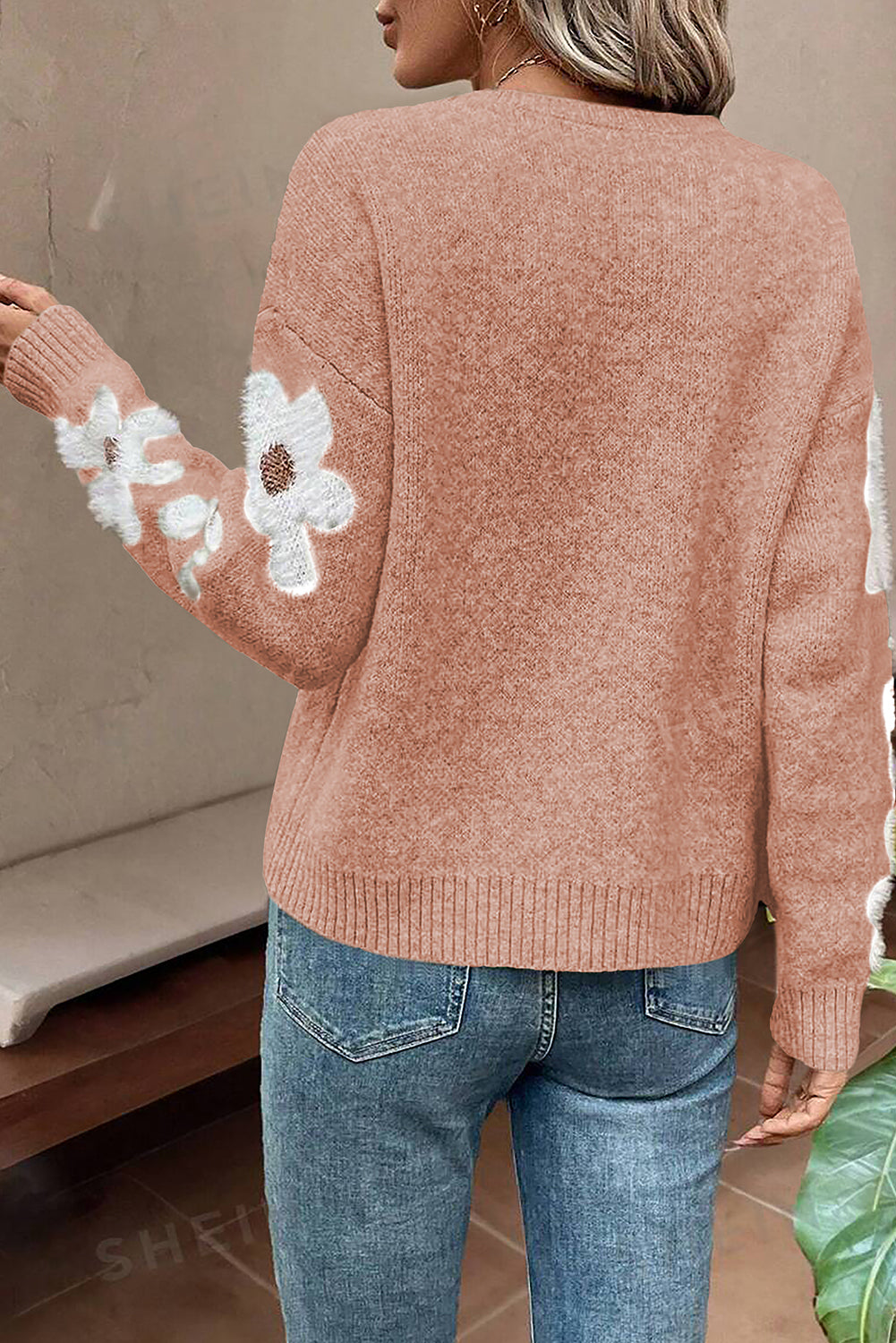 Moss Green Flower Drop Shoulder Sleeve Sweater