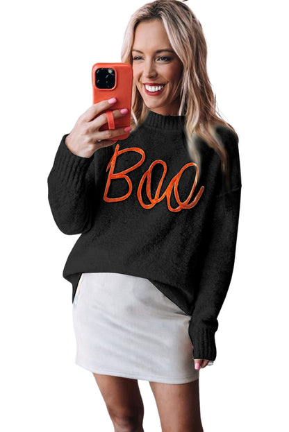 Black Halloween Boo Drop Shoulder Knit Sweater