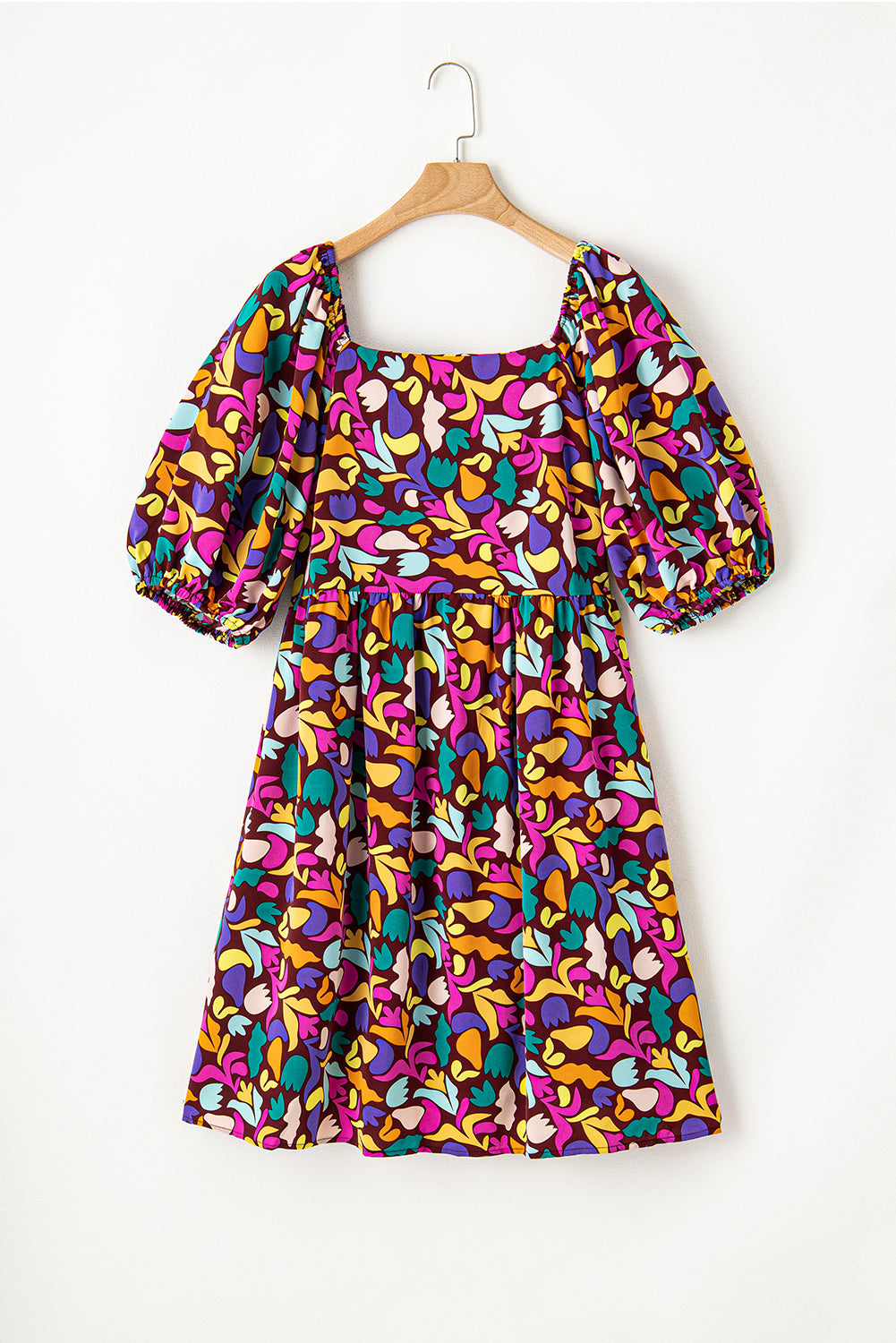 Purple Plus Size Abstract Print Puff Sleeve Short Flare Dress