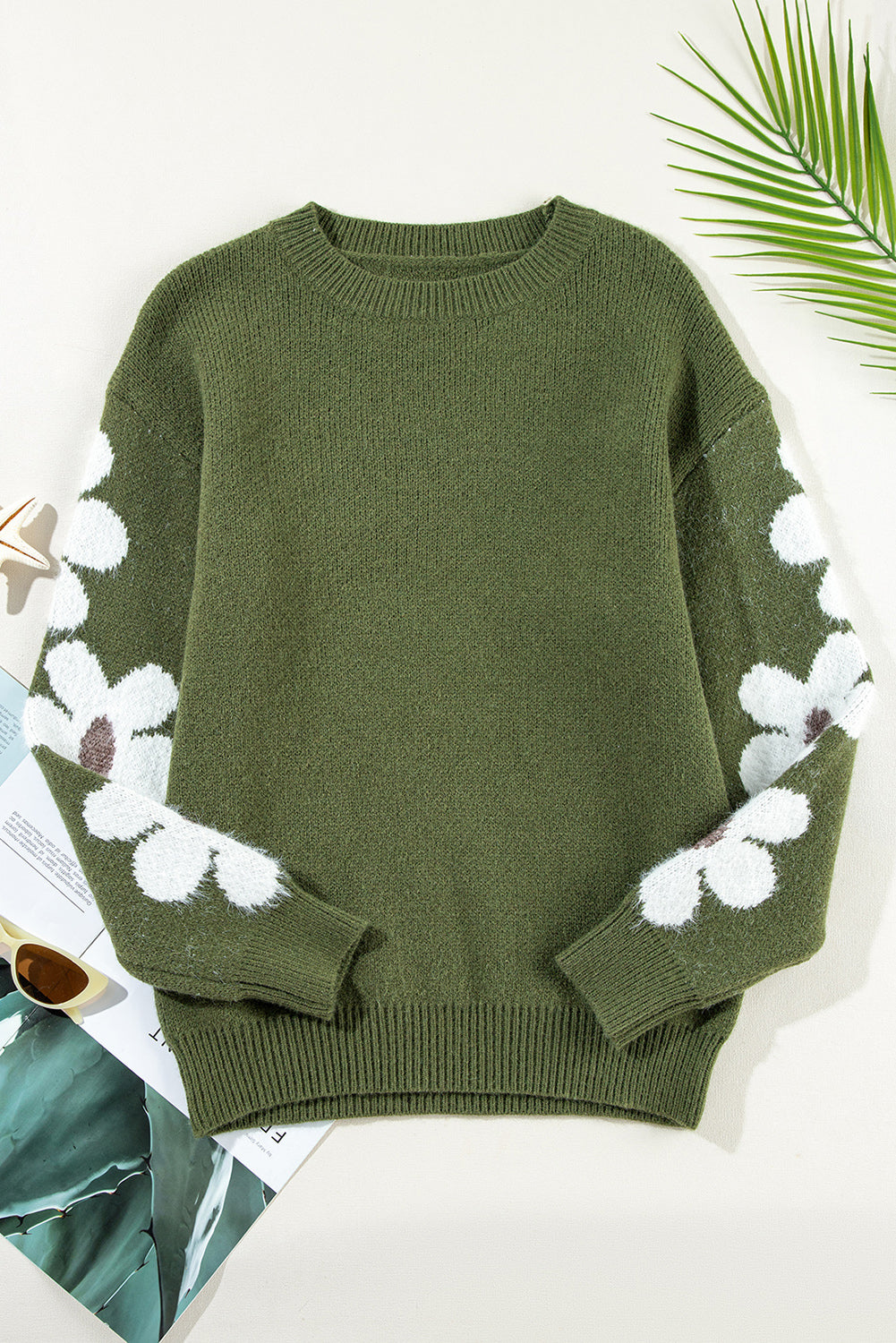 Moss Green Flower Drop Shoulder Sleeve Sweater