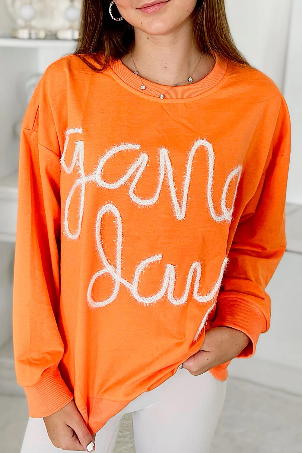 Orange Game Day Contrast Trim Drop Sleeve Sweatshirt