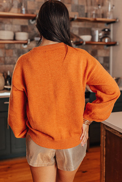 Russet Orange Tinsel Thanksgiving Drop Shoulder Sweater