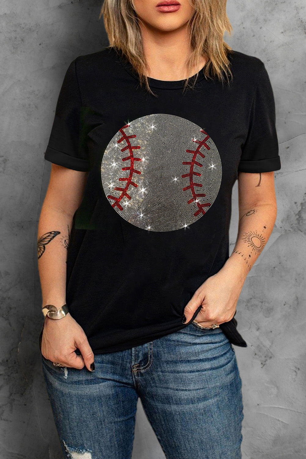 Black Rhinestone Baseball Graphic Round Neck T Shirt