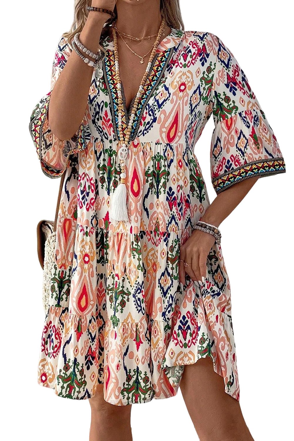 Multicolour Abstract Print Bell Sleeve Tiered Mini Dress