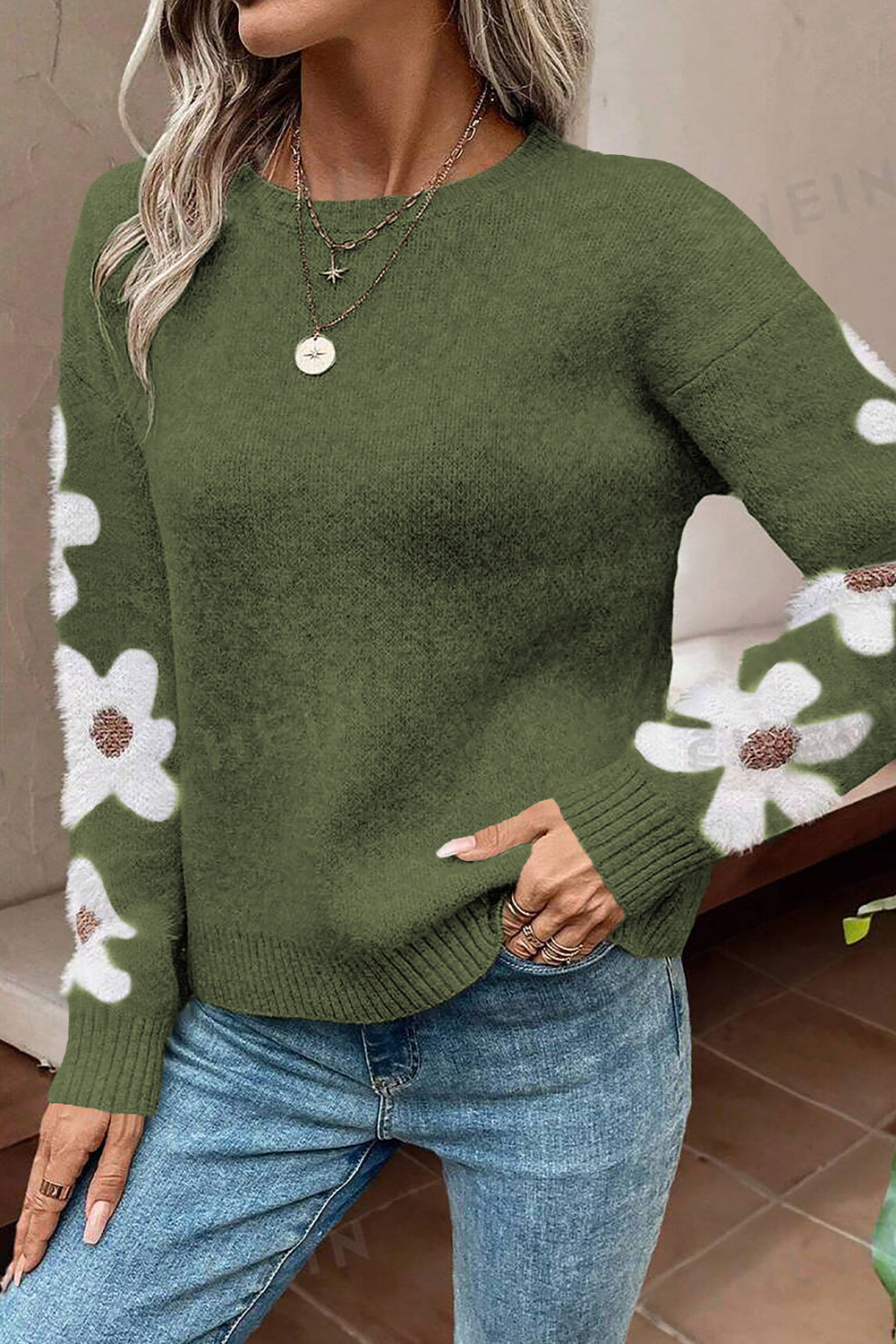 Moss Green Flower Drop Shoulder Sleeve Sweater