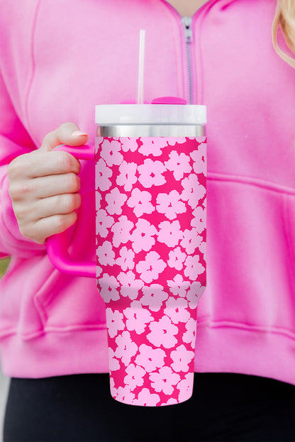 Rose Red Floral Print Stainless Cup with Straw & Lid