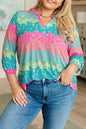 Green Leopard Stripes 3/4 Rolled Sleeve Plus Size Top