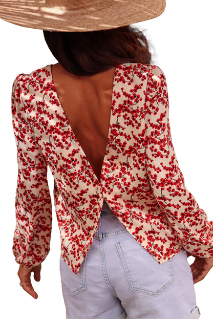 Red Floral Print Backless Puff Sleeve Blouse