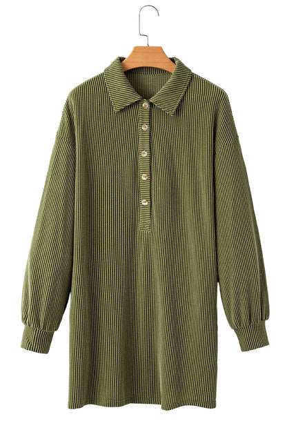 Moss Green Corded Buttons Placket Collared Shift Dress