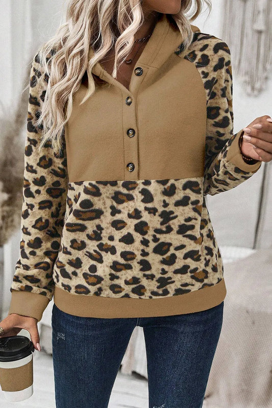 Leopard Half Button Long Sleeve Hoodie