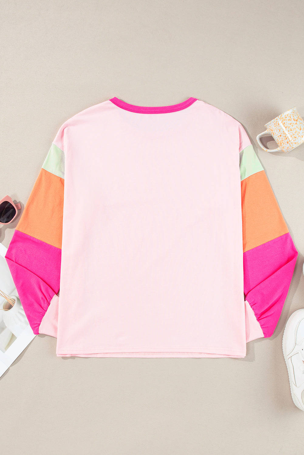 Rose Red Color Block Sleeve Loose Fit Top