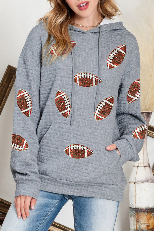 Gray Waffle Knit Sequin Rugby Graphic Kangaroo Pocket Loose Hoodie