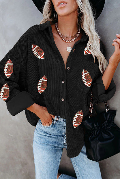 Black Corduroy Sequin Baseball Graphic Jacket