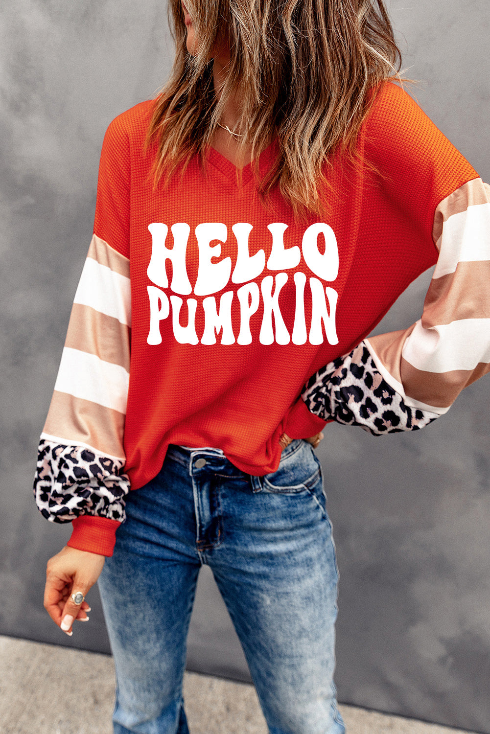 Red Hello Pumpkin Graphic Leopard Striped Colorblock Sleeve Sweatshirt