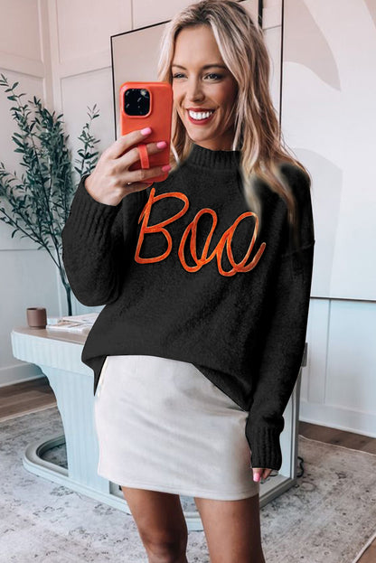 Black Halloween Boo Drop Shoulder Knit Sweater