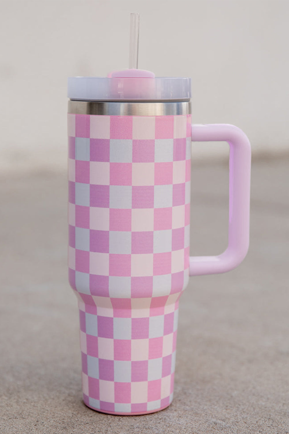 Pink Two-Tone Checkered Stainless Cup With Handle 40oz