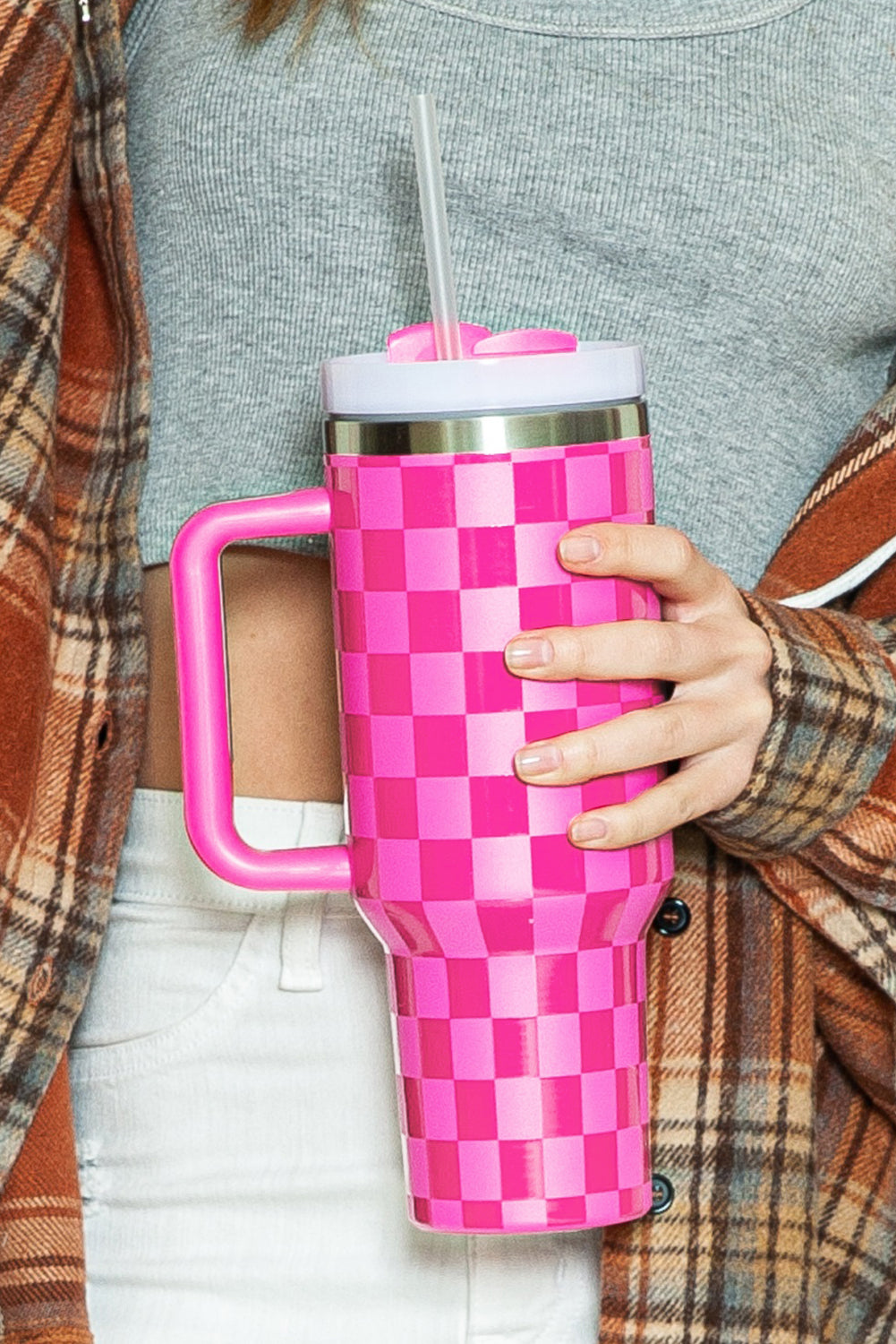 Black Checkered Print Handled Stainless Steel Tumbler Cup