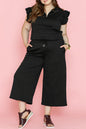 Black Plus Ruffled Sleeve Quarter Zip Top & Wide Leg Pants Set