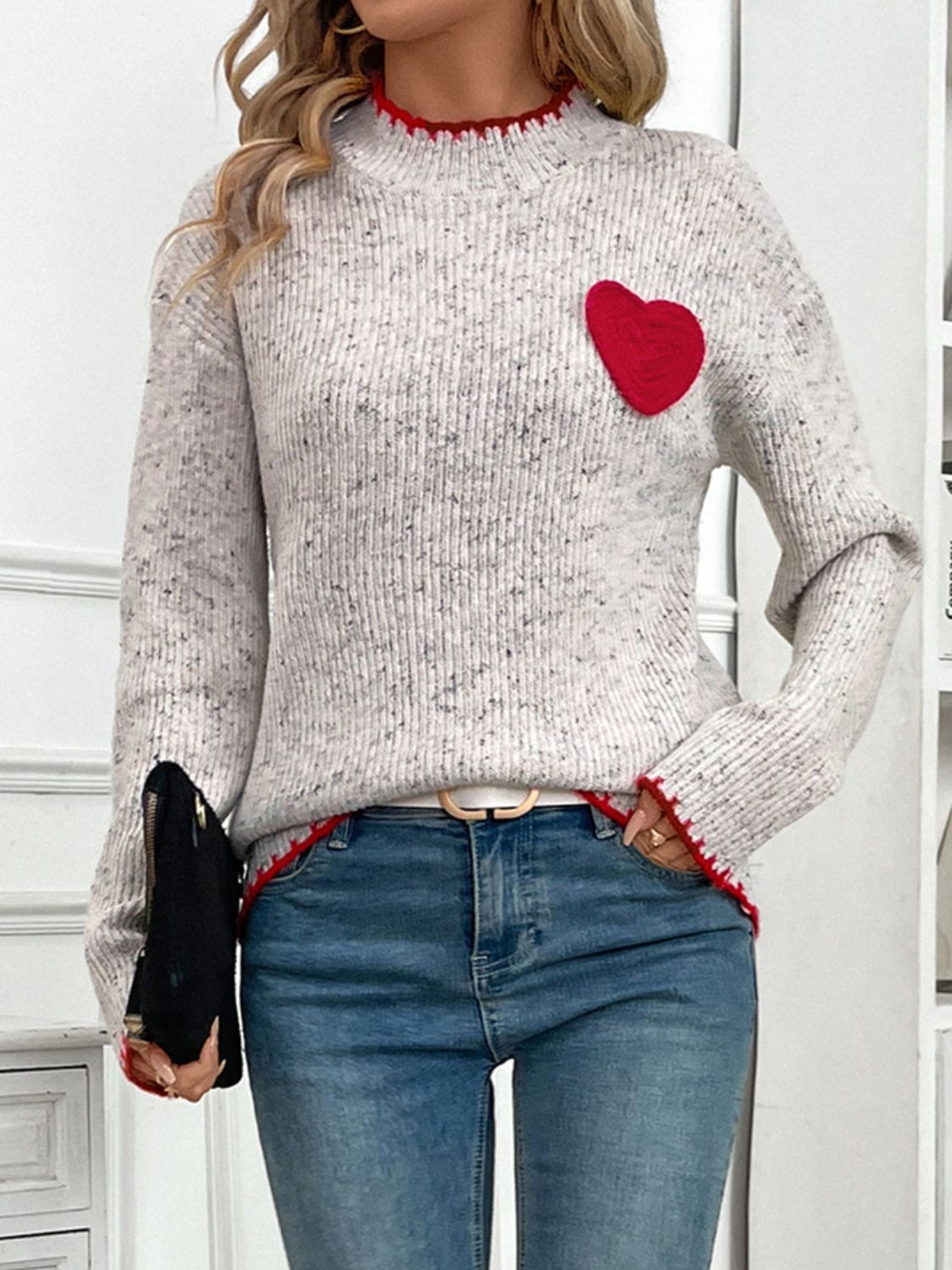 Perfee Contrast Heart Round Neck Long Sleeve Sweater