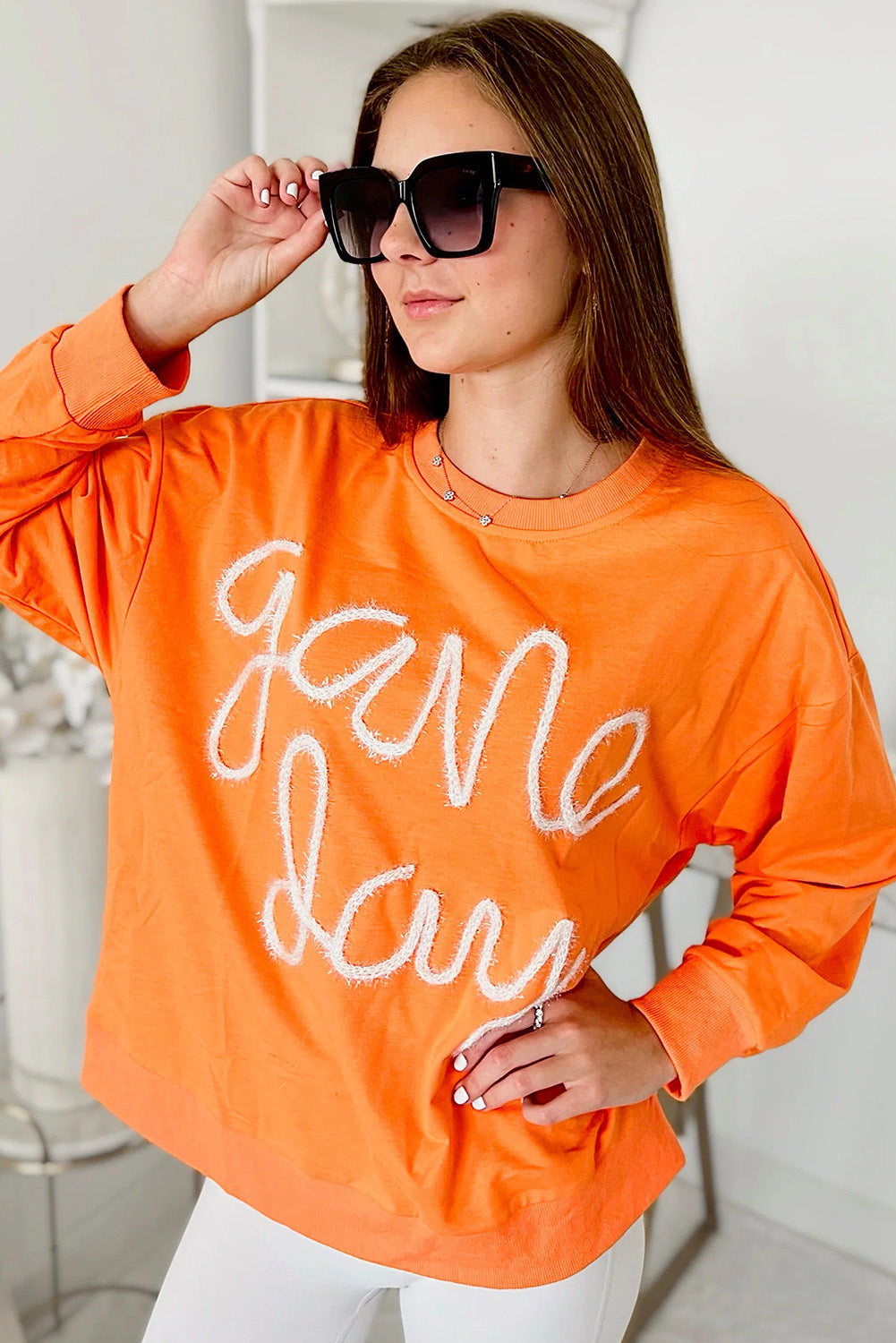 Orange Game Day Contrast Trim Drop Sleeve Sweatshirt