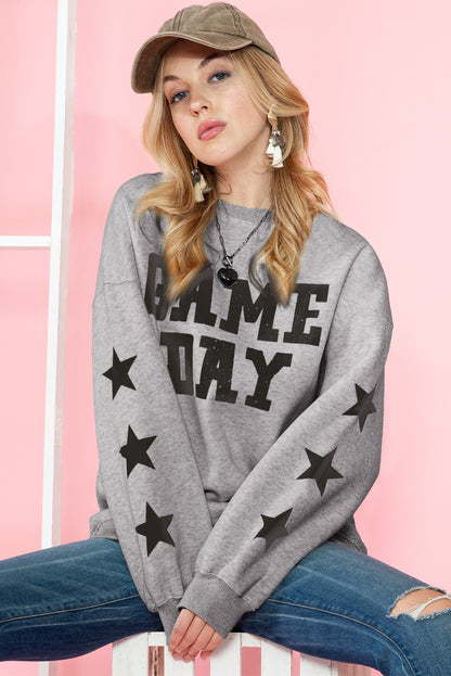 Black Lettering Game Day Print Star Sleeve Sweatshirt