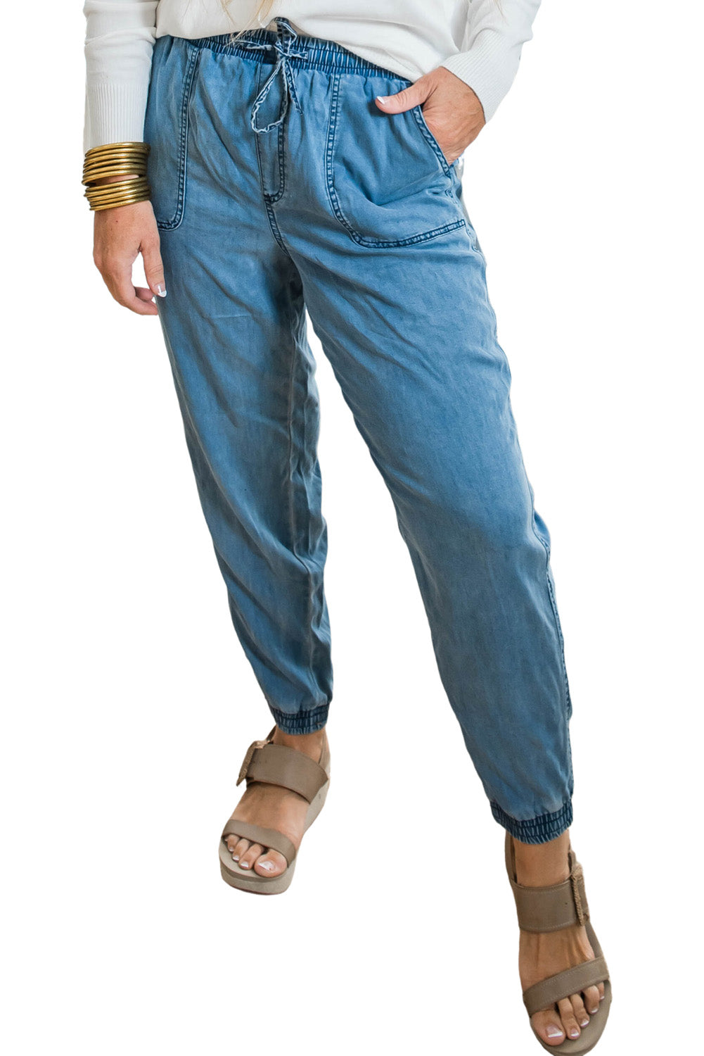 Dusk Blue Drawstring Waist Pocketed Plus Size Denim Joggers