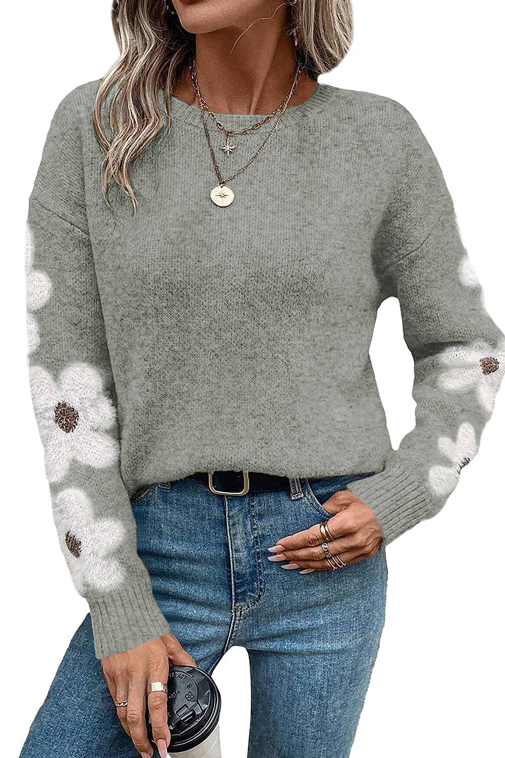 Moss Green Flower Drop Shoulder Sleeve Sweater