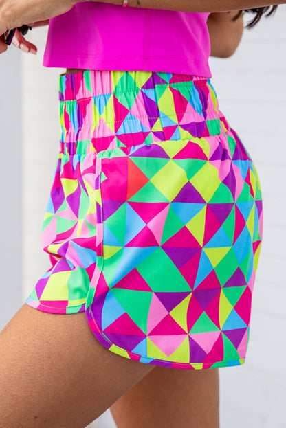 Multicolor Geometric Elastic High Waisted Shorts for Women