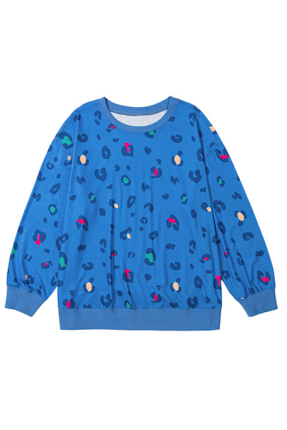 Sky Blue Leopard Drop Shoulder Plus Size Sweatshirt