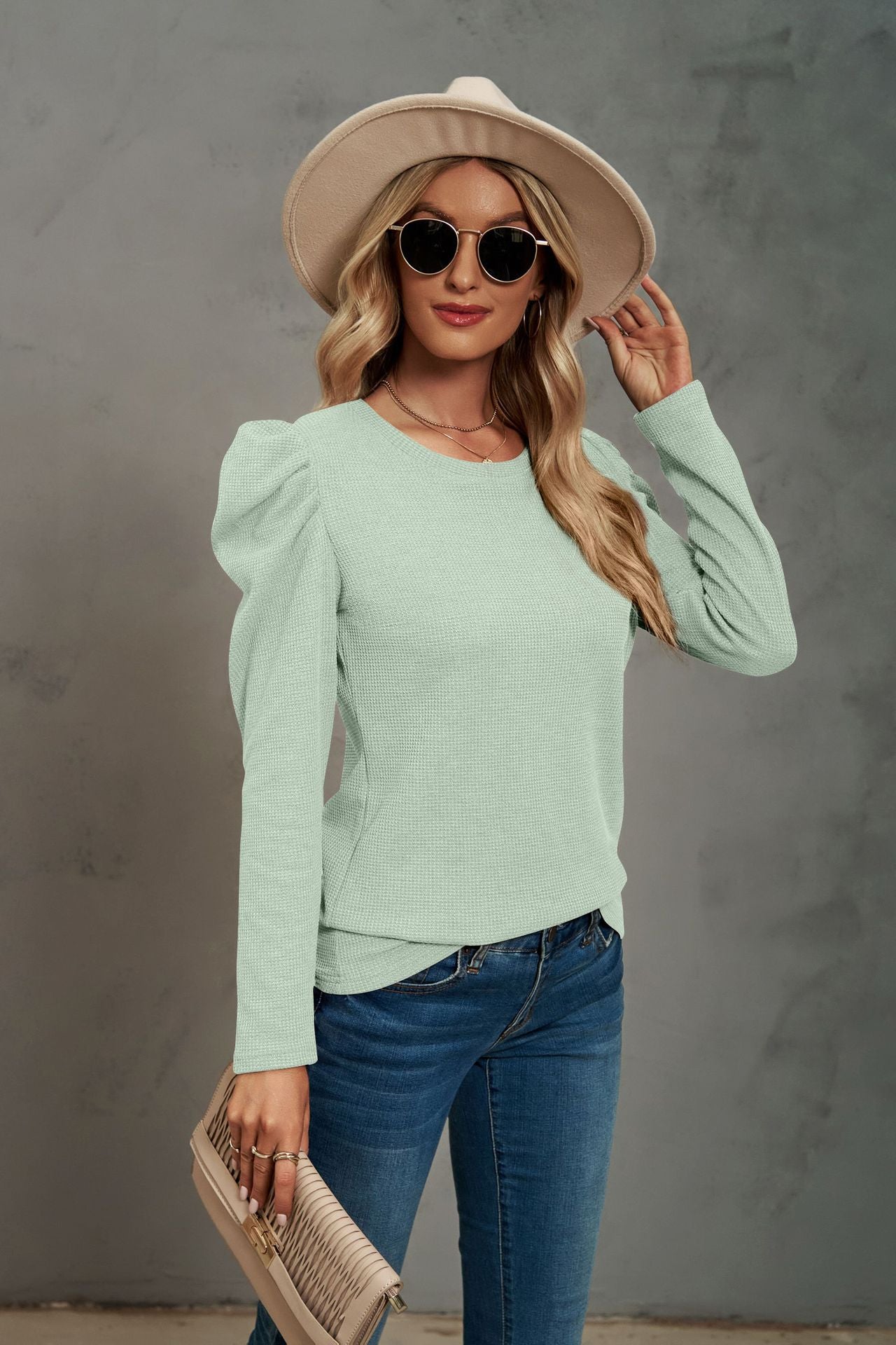 Waffle-Knit Puff Sleeve Round Neck Top