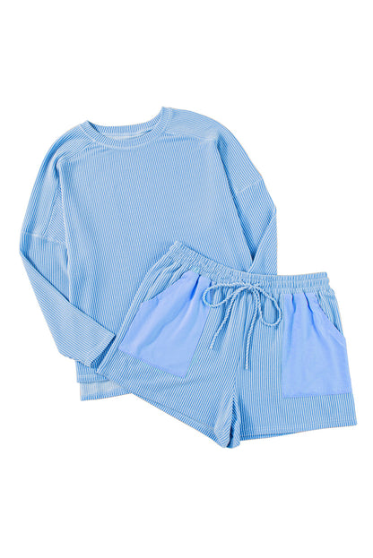 Light Blue Plus Size Ribbed Long Sleeve Top and Drawstring Shorts Set