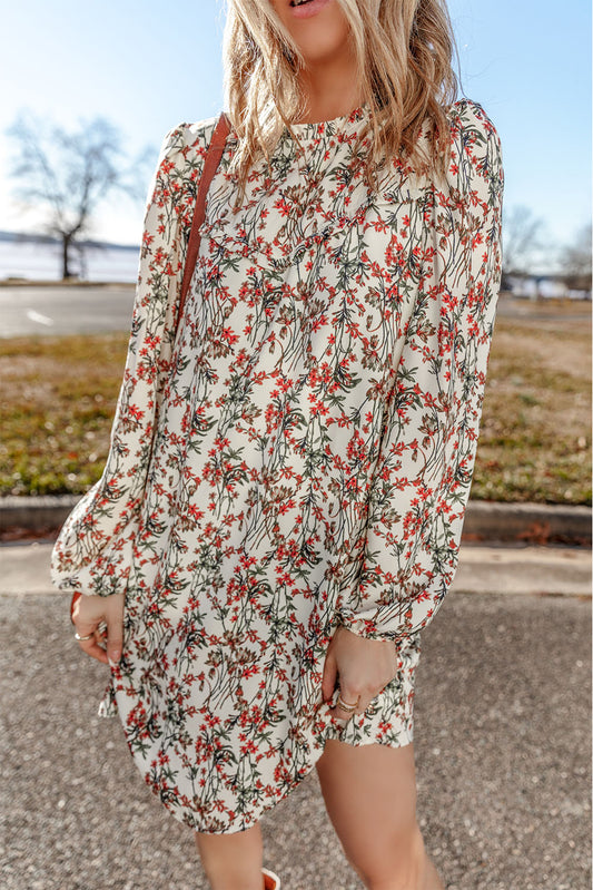 White Floral Printed Long Sleeve Mini Dress