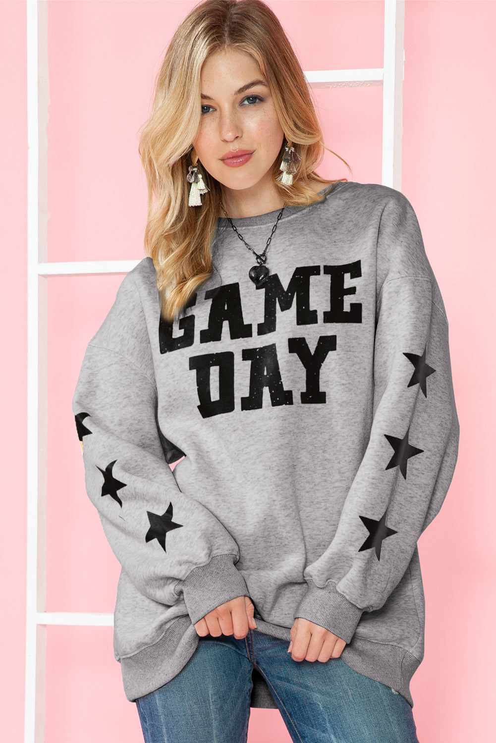 Black Lettering Game Day Print Star Sleeve Sweatshirt