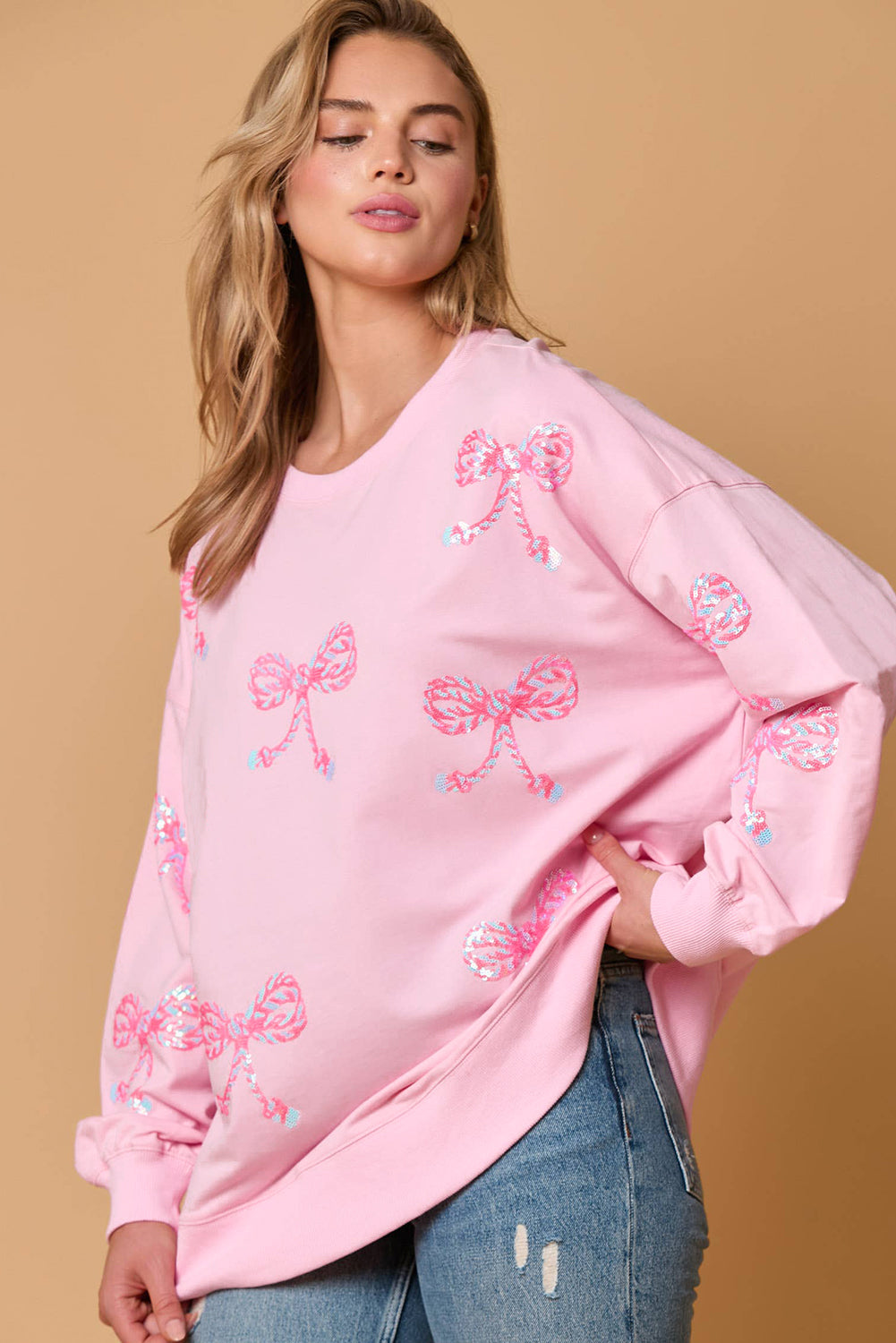 Pink Sequined Bow Graphic Round Neck Drop Sleeve Sweatshirt