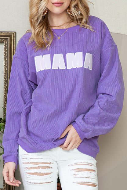 Purple MAMA Ribbed Crew Neck Pullover Sweatshirt