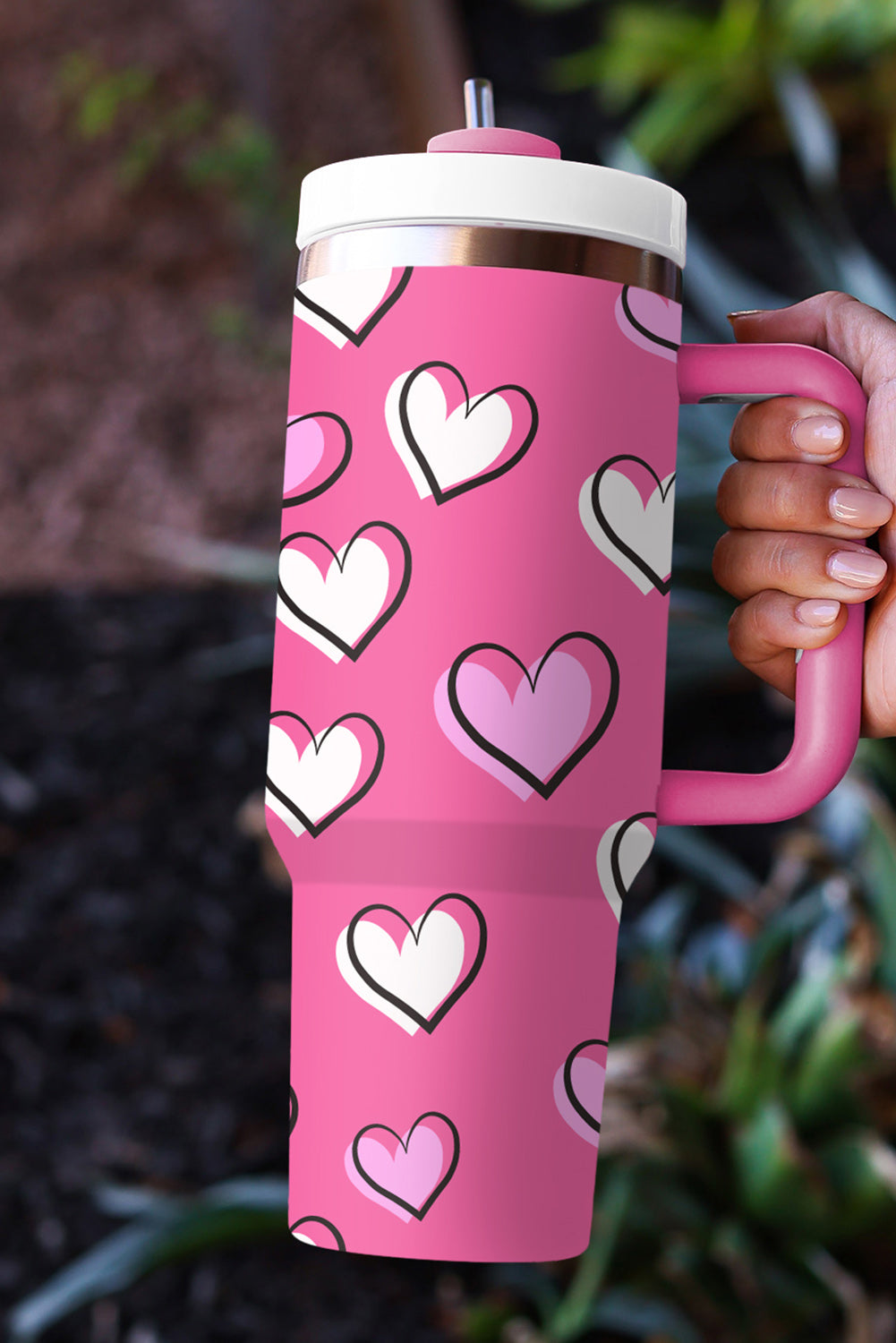 Rose Red Valentines Heart Printed Thermos Cup with Handle