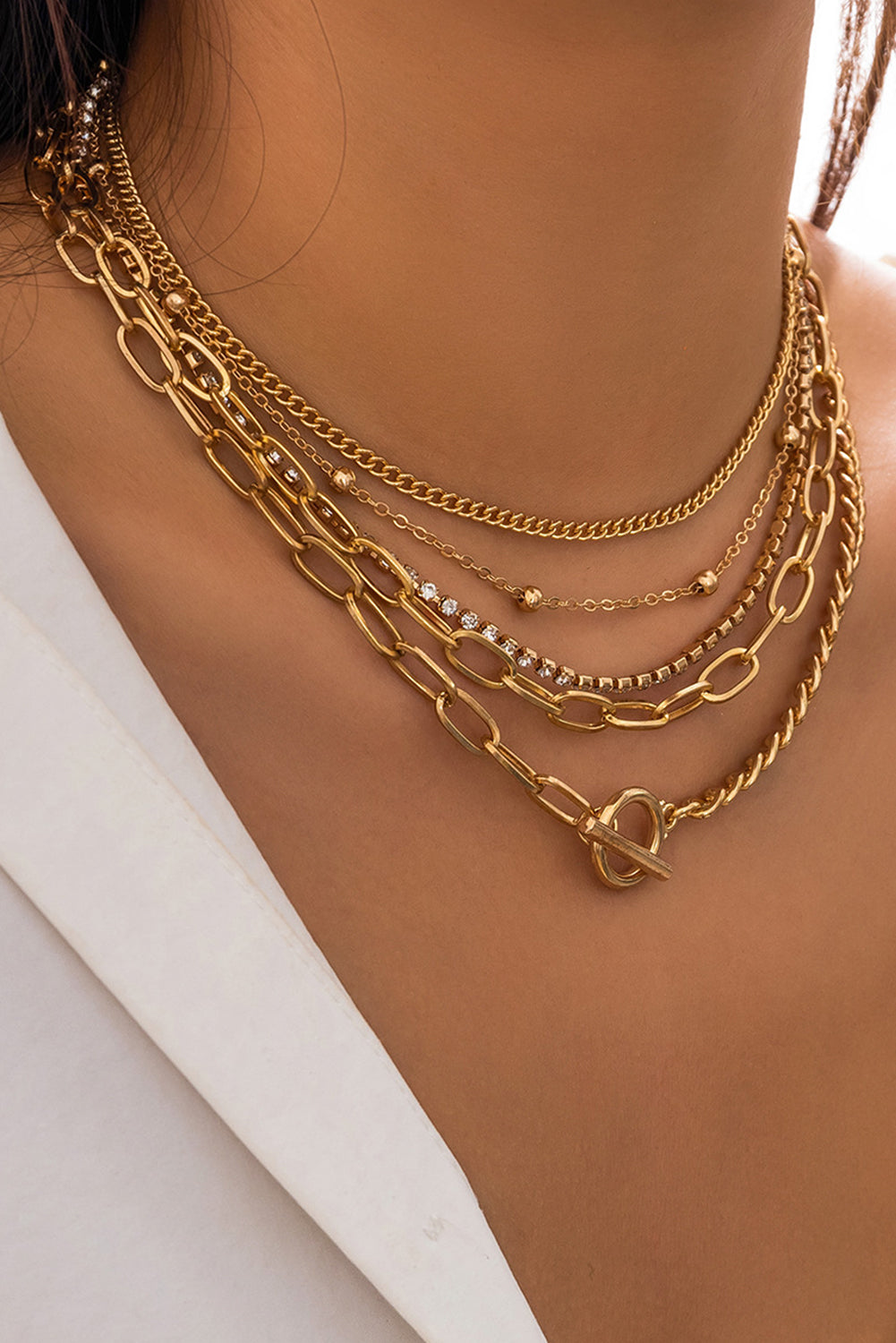 Gold 5pcs Layered Rhinestone Chain Collarbone Necklace Set