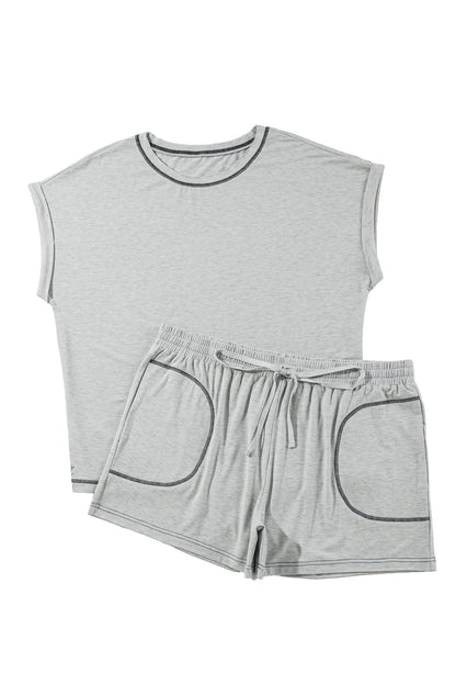 Gray Contrast Stitching Plus Cuffed Sleeve Tee and Shorts Set