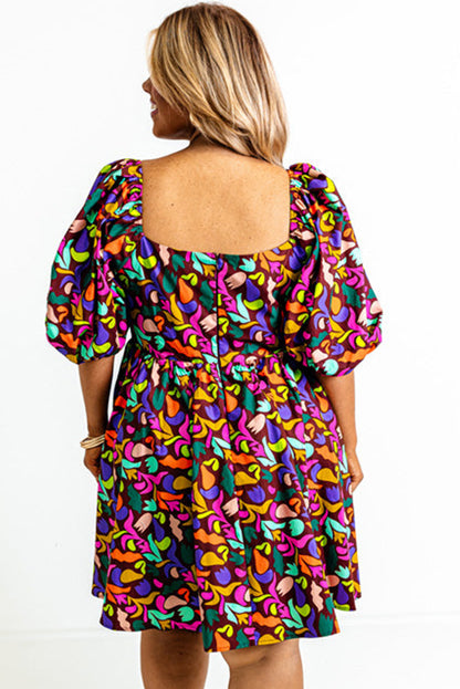 Purple Plus Size Abstract Print Puff Sleeve Short Flare Dress