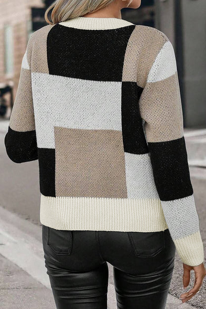 Black Checkered Colorblock Round Neck Knit Sweater