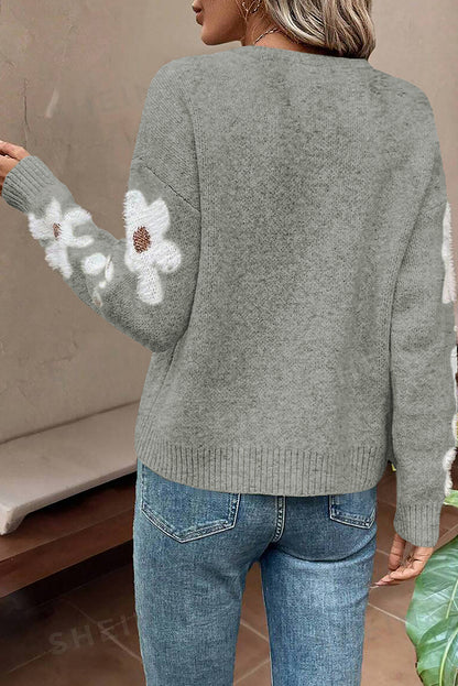 Moss Green Flower Drop Shoulder Sleeve Sweater