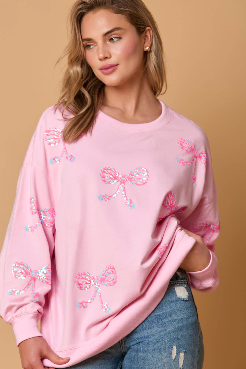 Pink Sequined Bow Graphic Round Neck Drop Sleeve Sweatshirt